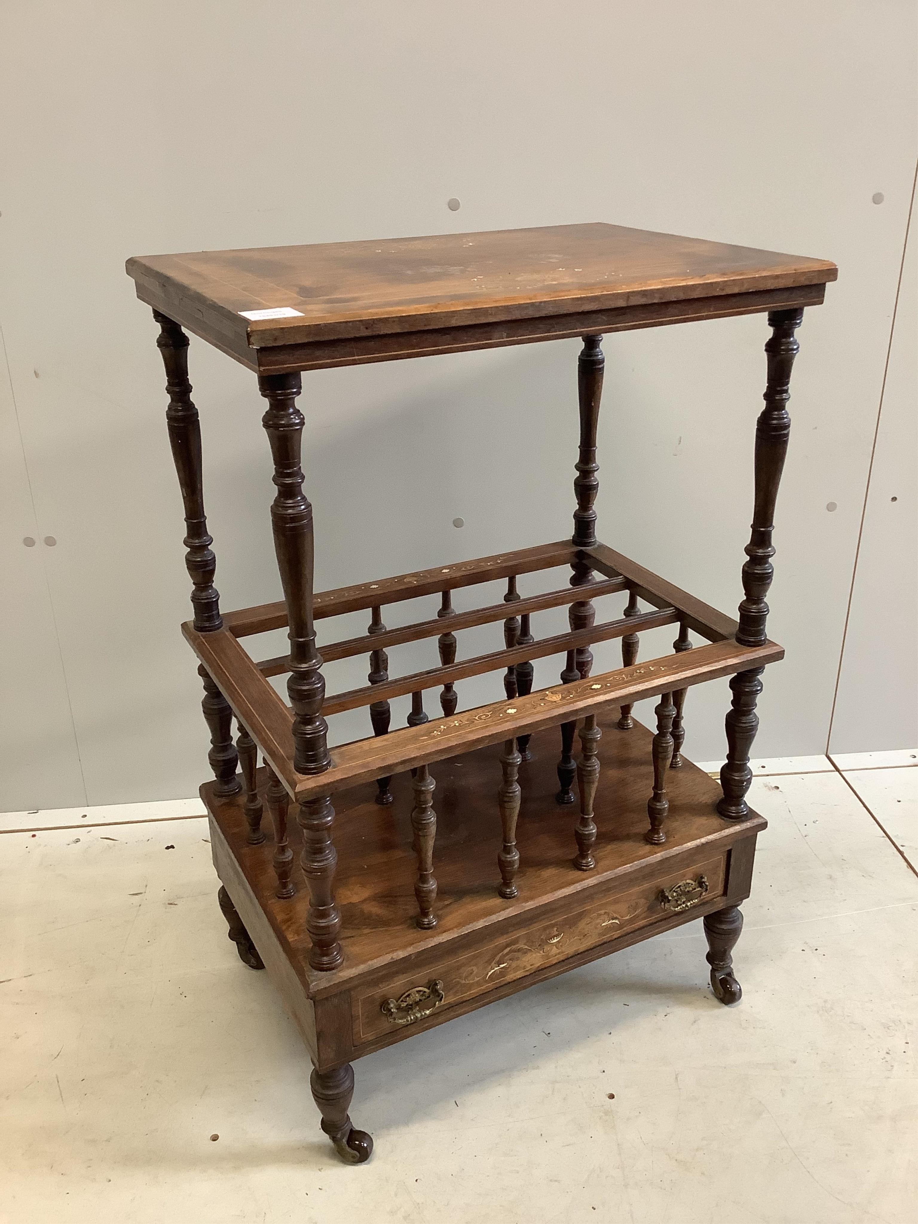 A mid Victorian inlaid rosewood Canterbury whatnot, width 56cm, depth 38cm, height 88cm. Condition - fair